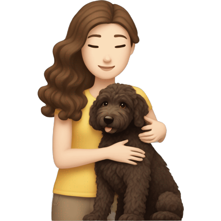 White girl with brown hair hugging her dark brown Australian labradoodle  emoji