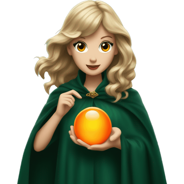 Taylor swift in dark green cloak holding an orange glowing orb emoji