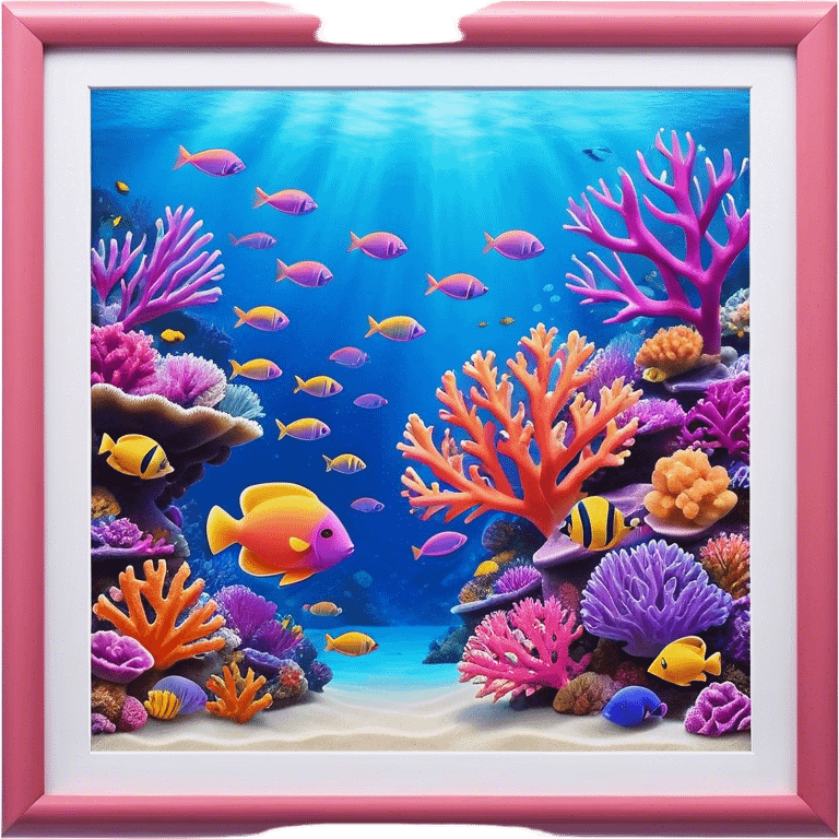 Cinematic Realistic Coral Reef Emoji in a wooden frame, Vibrant and alive, with colorful corals in hues of pink, purple, and orange, swaying gently with the underwater currents. Schools of tropical fish dart between the coral, with soft rays of sunlight piercing through the clear blue water above, creating a magical, serene underwater world. Soft glowing outline, capturing the essence of the bustling, colorful, and peaceful aquatic paradise. emoji