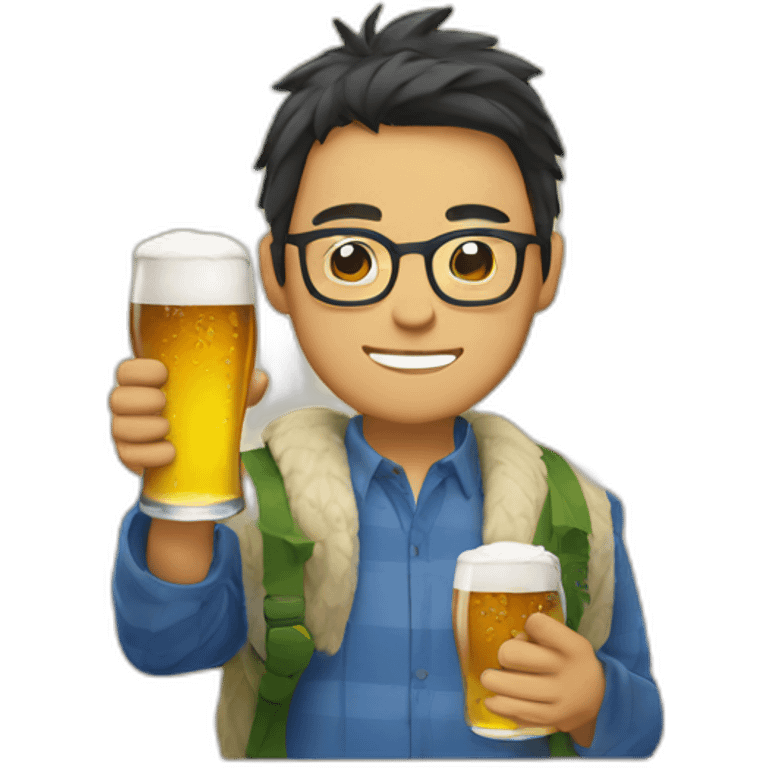 Japanese wearing glasses alohashirt is holding beer emoji