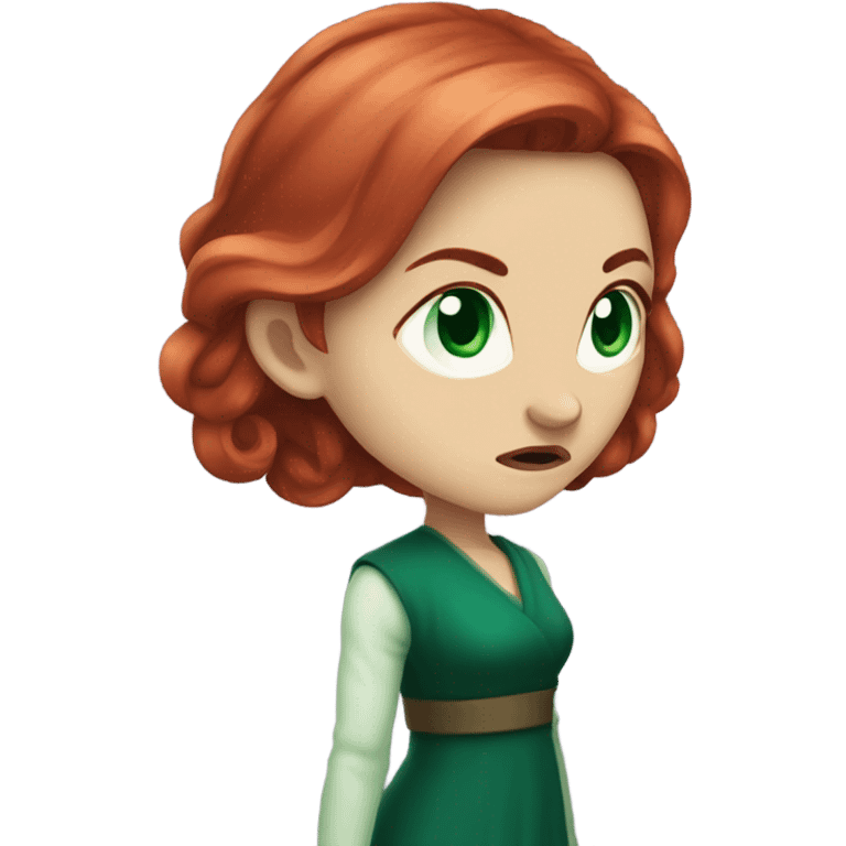 Rich woman, red long hair,  pale-skin, emerald blue-green-eyes,  scowling, very small nose, glaring, angry emoji