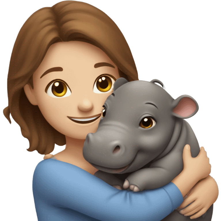 smiling woman with brown hair embracing baby hippo emoji