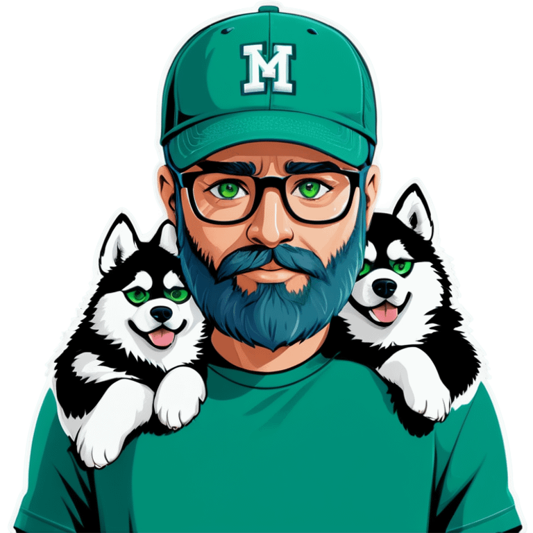 A bold man with a grey baseball cap, green eyes, big beard and glasses holding a husky dog emoji