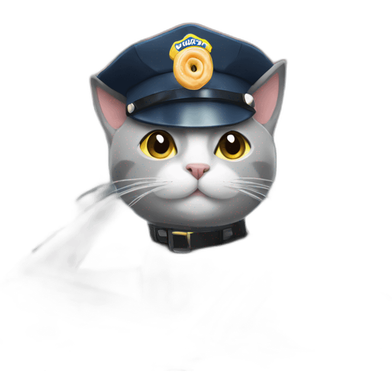 grey cat in a police hat in a police car outside a doughnut shop emoji