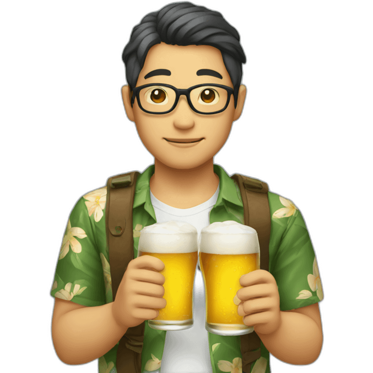 Japanese wearing roundglasses alohashirt is holding beer emoji