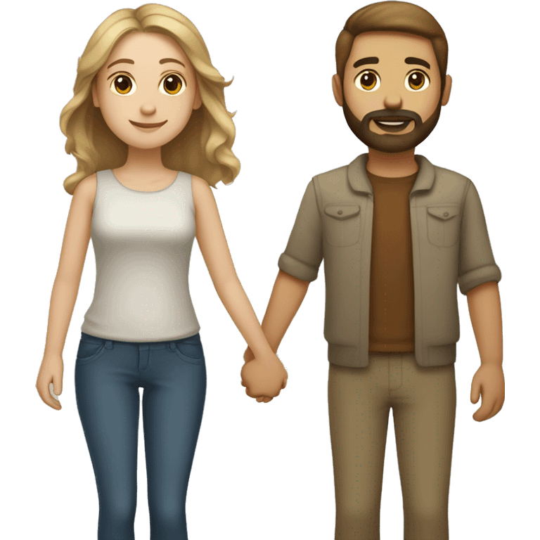 Couple holding hands, girl has light brownish complexion with medium hair and rectangular frames, The boy is white and has trimmed beard emoji