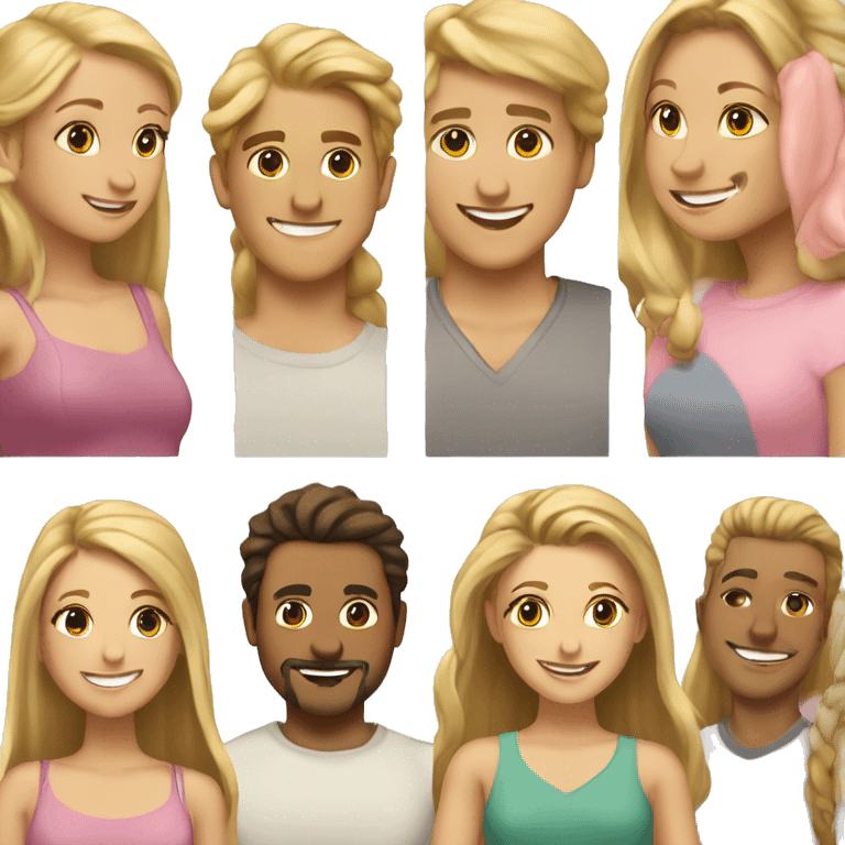 Woman and man smiling, woman has straight brown hair in a ponytail, slightly sunkissed skin, man has blonde long hair which are in a ponytail, slightly sunkissed skin emoji