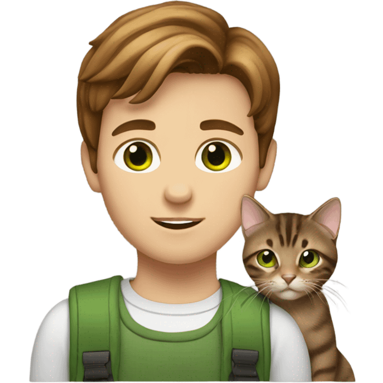 Boy with brown hair holding a brown tabby cat with green eyes  emoji