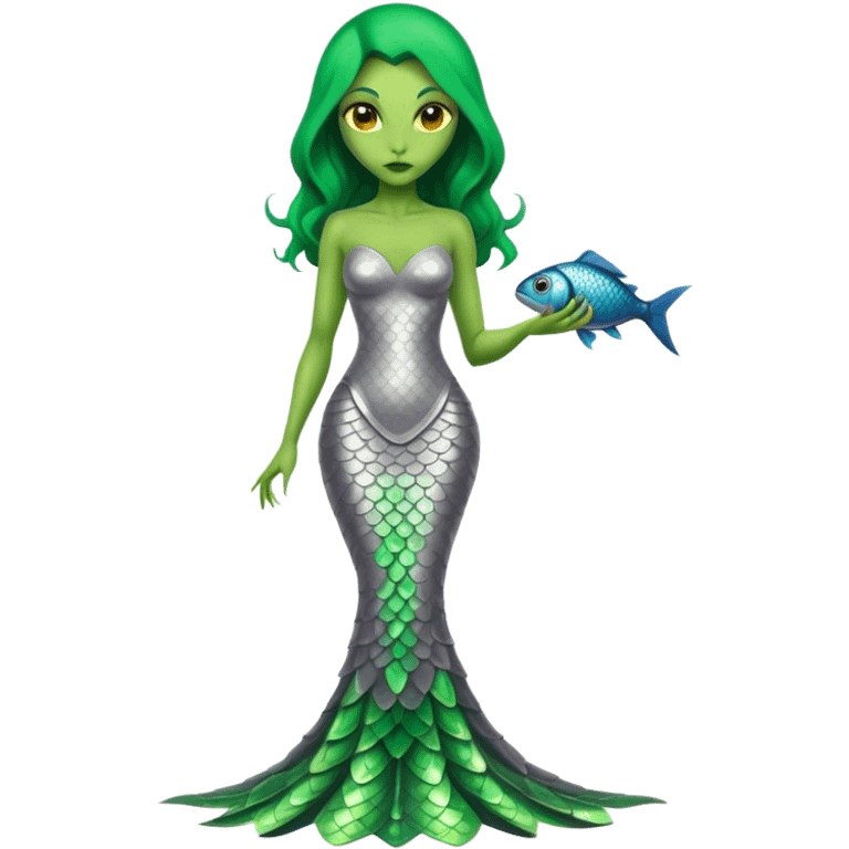 Green Alien woman with fish scales in silver dress, full figure, yellow eyes emoji