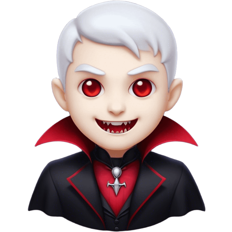 Cinematic Cute Vampire Portrait Emoji, with a refined yet playful small, rounded pale face accented by tiny, cute fangs and bright, twinkling eyes, sporting miniature elegant dark attire with a hint of crimson, simplified yet irresistibly charming, highly detailed with a soft glowing outline that captures the delightful duality of spooky sweetness and stylish allure! emoji