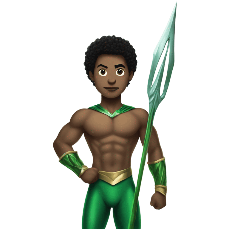 Afro Light-skinned shirtless holding a trident teenager in the green superhero costume of Prince Namor. emoji