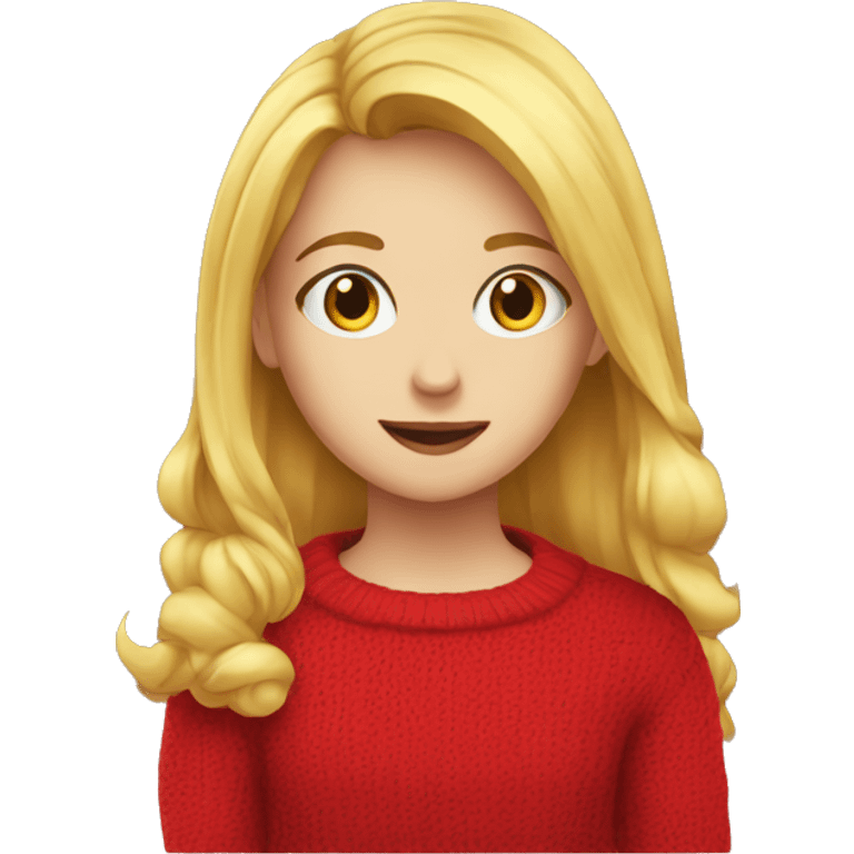 Blond girl with a red sweater with text that says IHM on it emoji