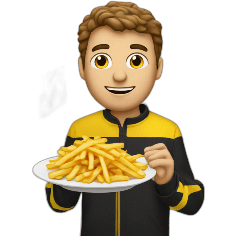 Belgian man with Belgium flag behind eating French fries and a waffle emoji