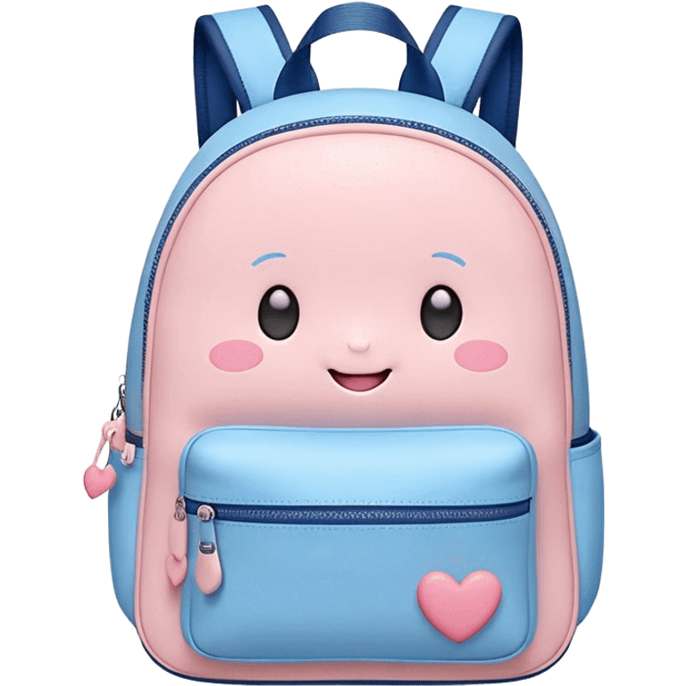 Cute Kawaii Backpack, round and chubby, soft pastel pink and blue, tiny heart-shaped zippers, blushing cheeks, a tiny smiling face, a happy school-time companion! emoji