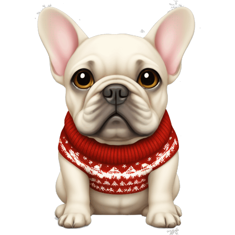 Cream coloured French bulldog with a Christmas jumper g emoji