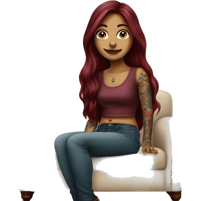 Beautiful tattooed burgundy long haired woman sitting on couch emoji