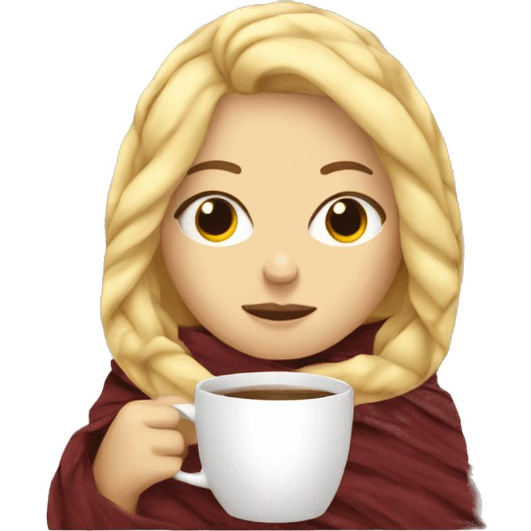 Blonde girl inside a blanket sipping coffee eyes closed emoji