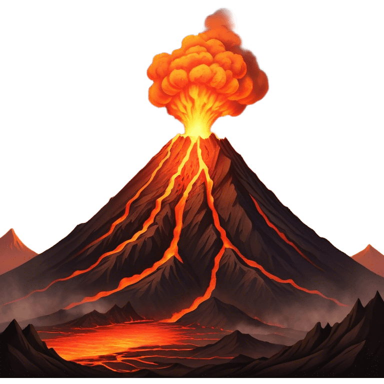 Cinematic Realistic Volcano Emoji, Powerful and awe-inspiring, with molten lava flowing from its jagged, smoking peak, casting an orange glow in the surrounding darkness. The landscape around it is barren and rocky, with clouds of ash rising into the sky. Soft glowing outline, capturing the essence of raw power and fiery energy in a towering volcano. emoji