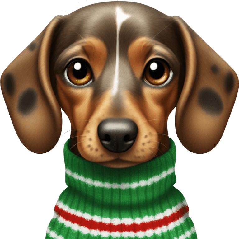 Speckled dachsund wearing a stripy Christmas jumper emoji