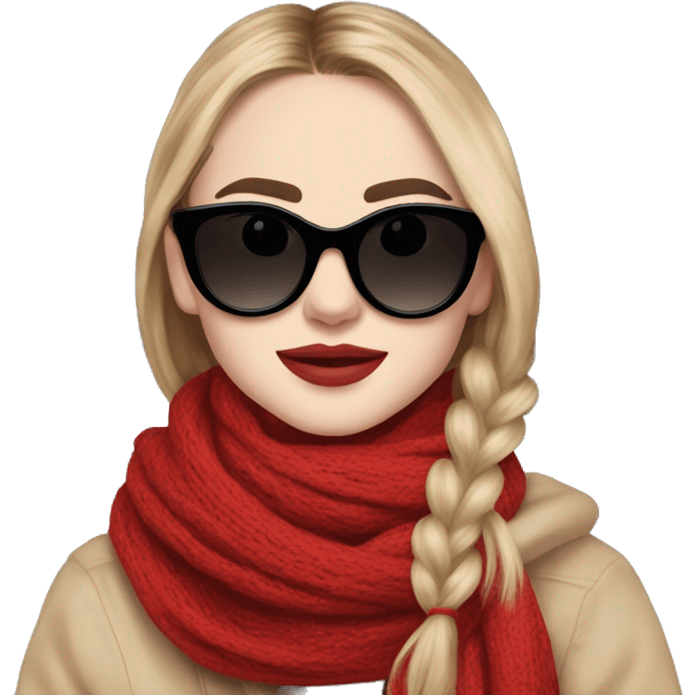 Sabrina carpenter wearing a chunky red scarf and black sunglasses  emoji