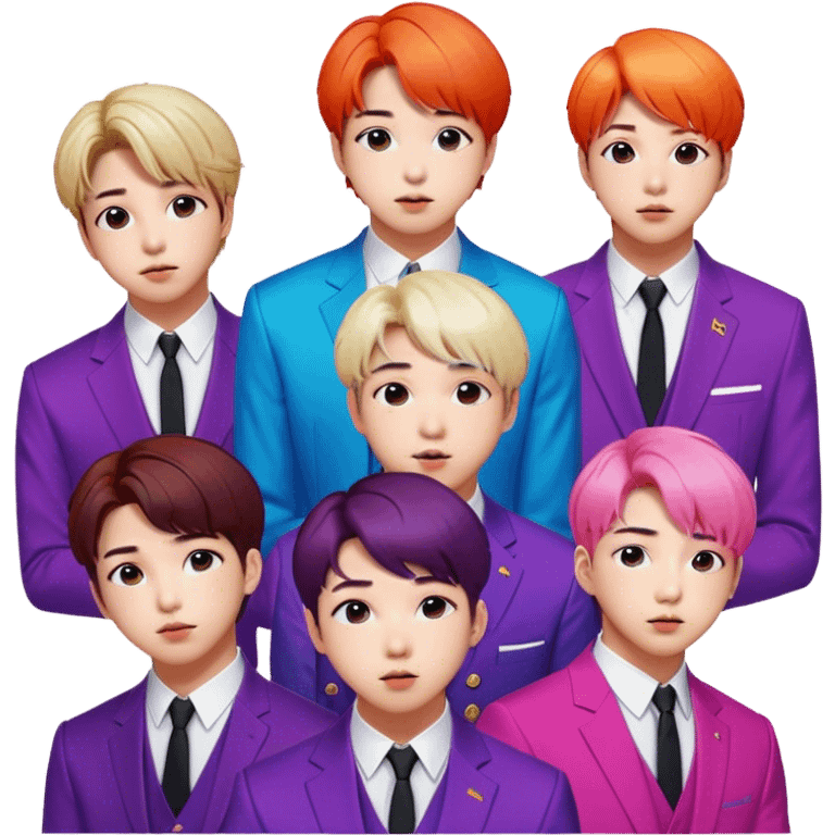 Cinematic Realistic group portrait of BTS featuring all 7 members in stylish modern attire, with detailed facial expressions and vibrant colors, captured in dynamic, contemporary lighting that emphasizes their global pop icon status emoji