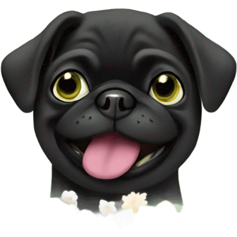 Black pug , surrounded by flowers, holding a green sign that says “good luck”  emoji