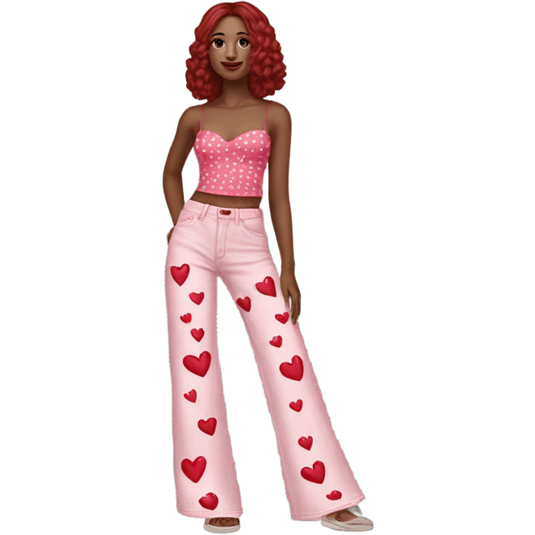 Realistic long Wide leg high waisted pink jeans with small red hearts print, isolated emoji