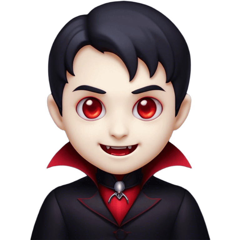 Cinematic Cute Vampire Portrait Emoji, with a refined yet playful small, rounded pale face accented by tiny, cute fangs and bright, twinkling eyes, sporting miniature elegant dark attire with a hint of crimson, simplified yet irresistibly charming, highly detailed with a soft glowing outline that captures the delightful duality of spooky sweetness and stylish allure! emoji