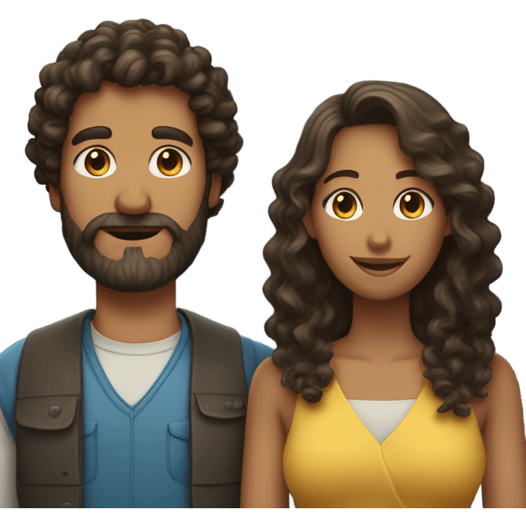 A couple, man has curly brown mullet and beard, woman has dark wavy hair  emoji