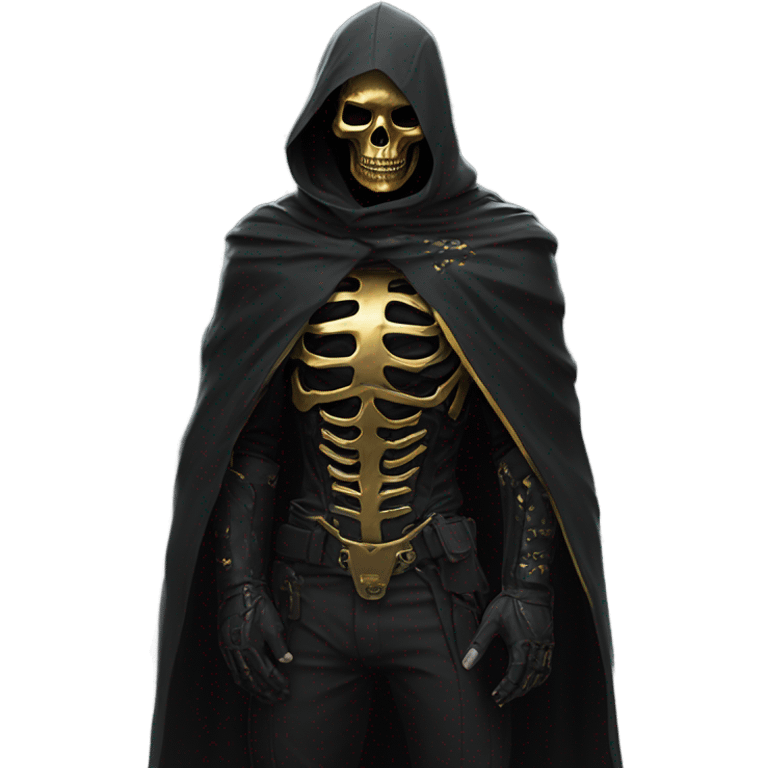 Hunter in black cape and a perfect gold skull jaw mask from death Stranding, full body front and back emoji