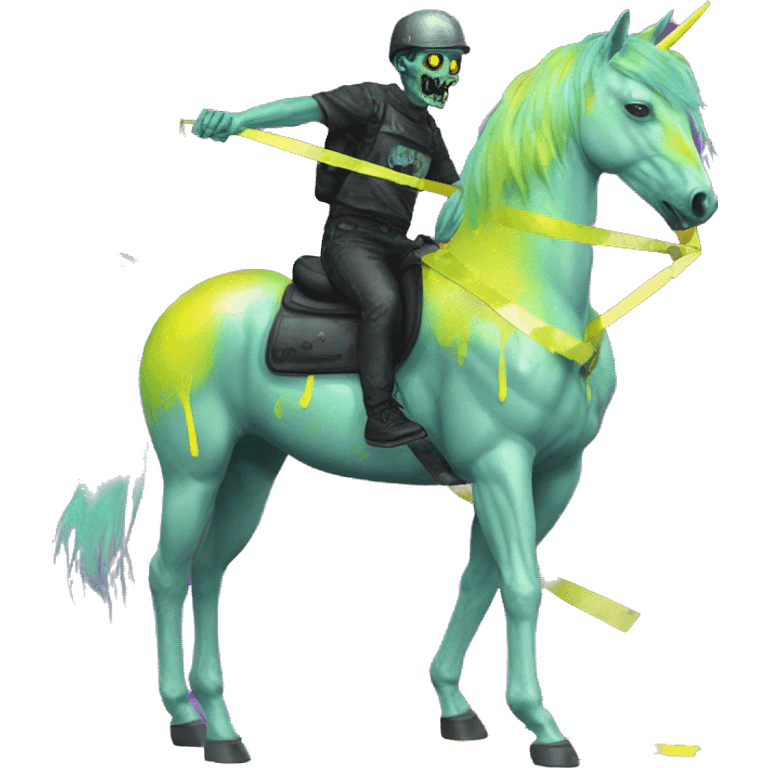 .Zombie_ Vaporwave black holographic oilslick zombie unicorn yellow caution tape graffiti Pegasus emoji