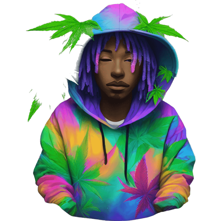 Hemp leaves Multicoloured neon person smoking wearing hoodie dancing hip hop bucket hat tropical Skater fashion aesthetic baggy clothes graphic t shirt 420 emoji