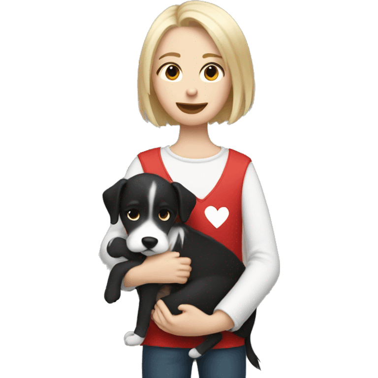 Tom boy with short blonde hair hugging a black and white dog with long hair, red heart  emoji