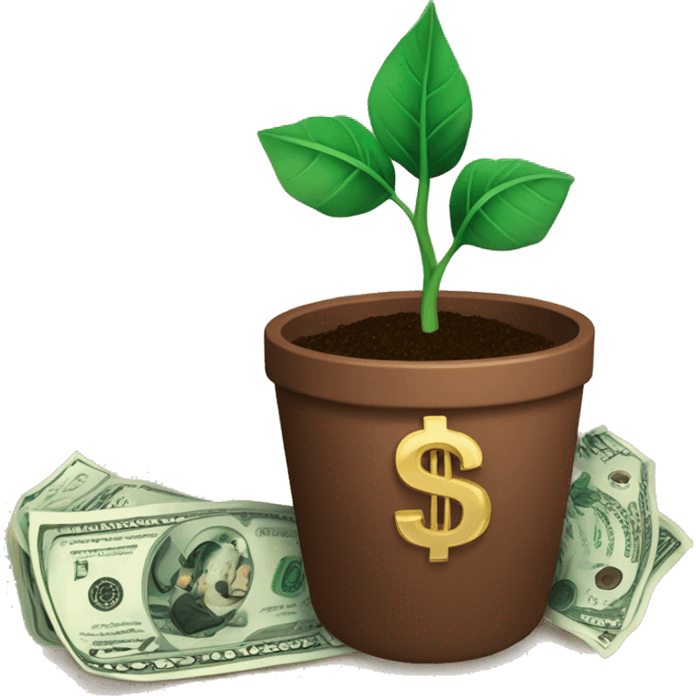 a plant in a brown pot growing dollar bills as the leaves and diamonds as the soil emoji