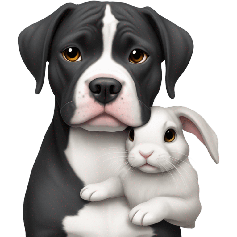 black and white pitbull hugging a grey holland lop  emoji