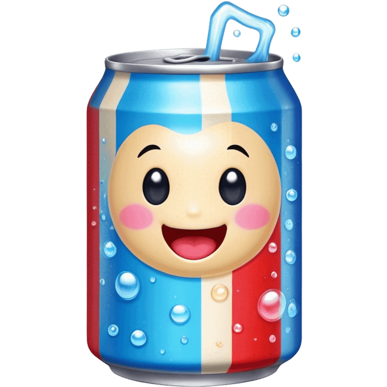 Cute Kawaii Soda Can, bubbly and vibrant, bright red and blue stripes, playful fizz popping around, a chubby happy face with wide sparkling eyes, energetic and refreshing! emoji