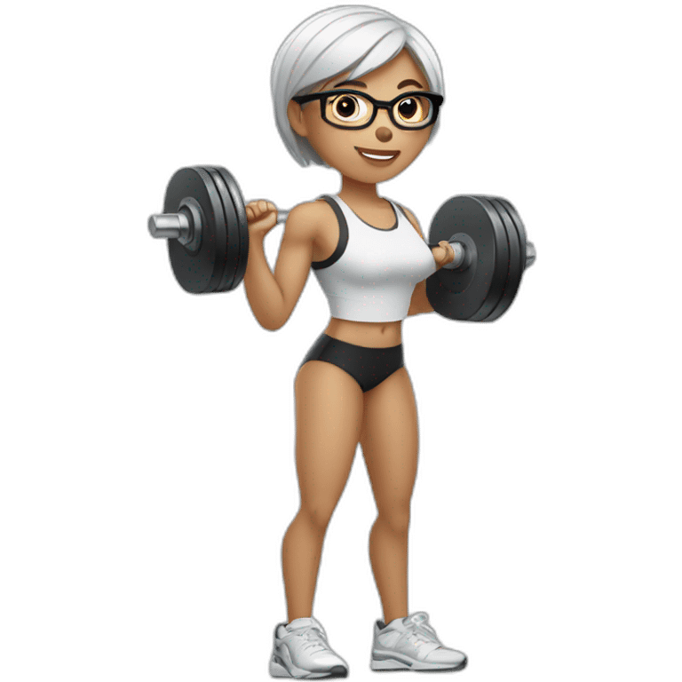 White Sports Girl with short hair glasses holding dumbbell emoji