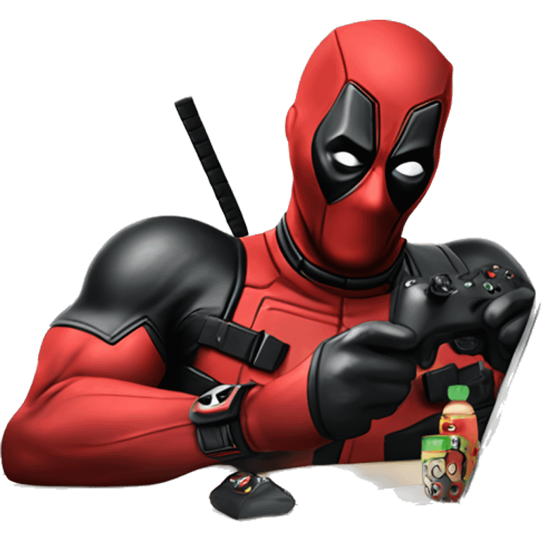 Deadpool holding xbox controller sitting at a desk, front view emoji