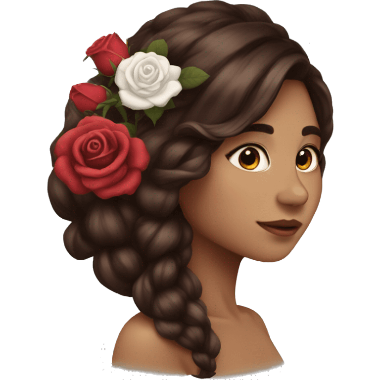 Beautiful, rose, red, flowers in hair, long dark brown hair, white fair skin emoji