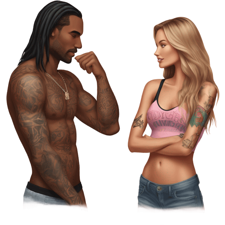 Photo of Victoria secret model having a serious conversation with a tattooed male model  emoji