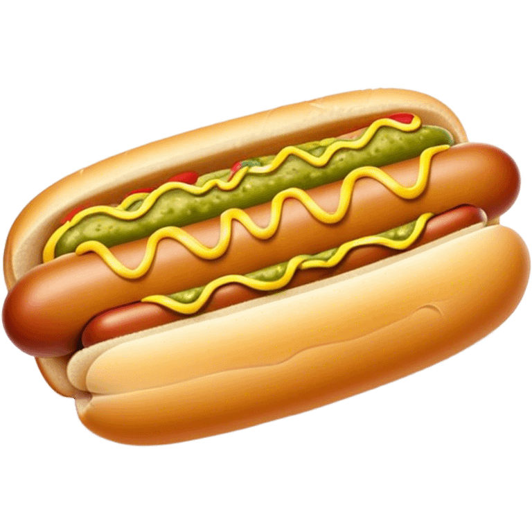 Cinematic Realistic Hot Dog Dish Emoji, featuring a classic hot dog in a bun topped with mustard and relish rendered with crisp textures and vibrant, dynamic lighting. emoji