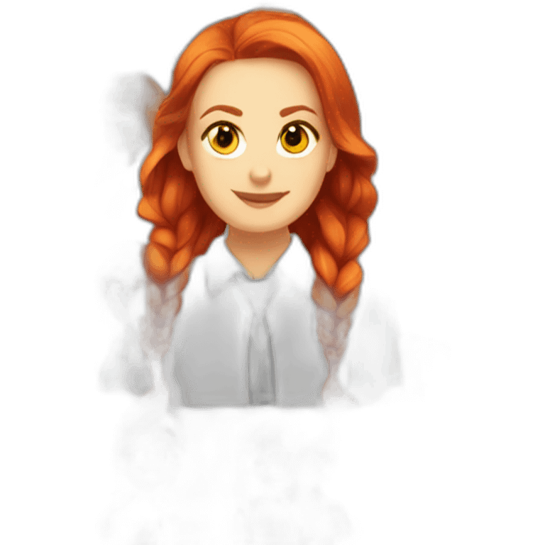 White Woman, red hair with single fishtail braids and side swipe bangs, red hair, yellow eyes, white button up shirt, black tie, no suit emoji