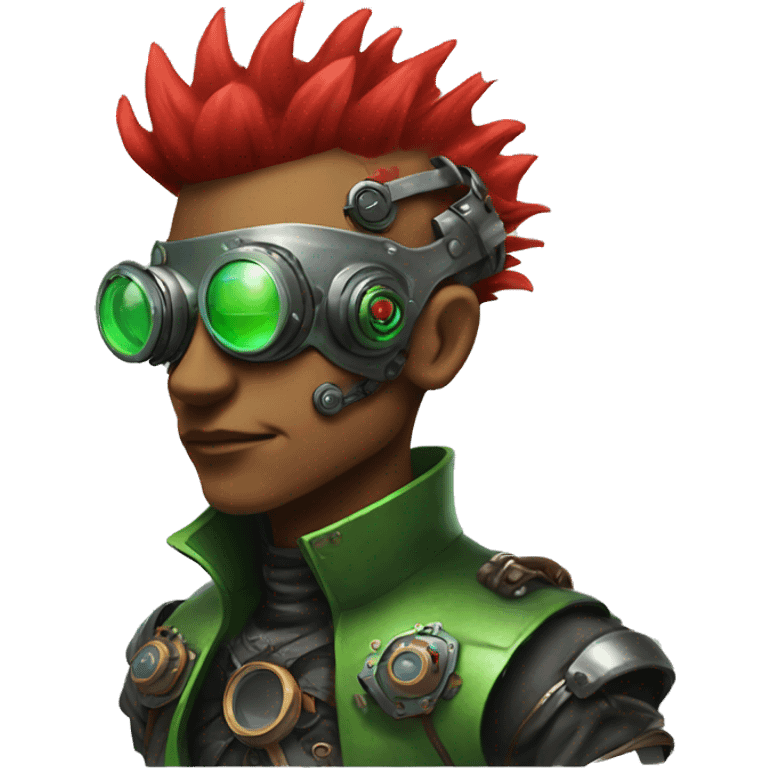 Male cyborg with thin red Mohawk and green steampunk goggles emoji