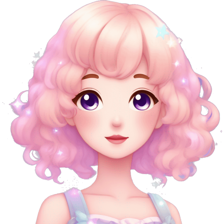 Gorgeous pastel anime style lady blushing nebula-gradient-sparkle face dreamy idol model colorful shiny stars galaxy kawaii cottagecore pearly petite simplistic aesthetic trending style emoji