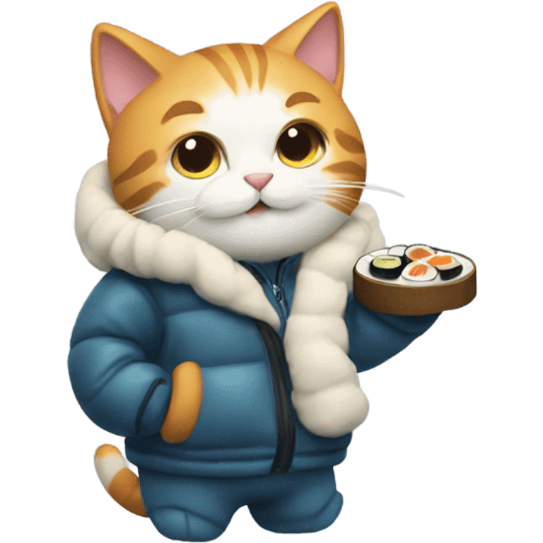 cat wearing a puffy jacket eating sushi emoji