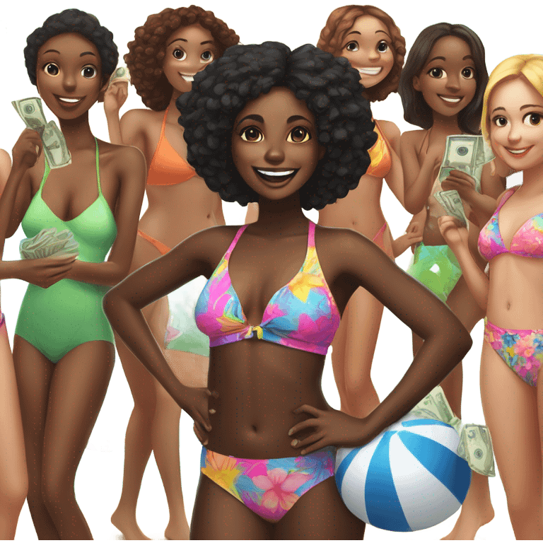 Black girl with money in a swimsuit with friends emoji