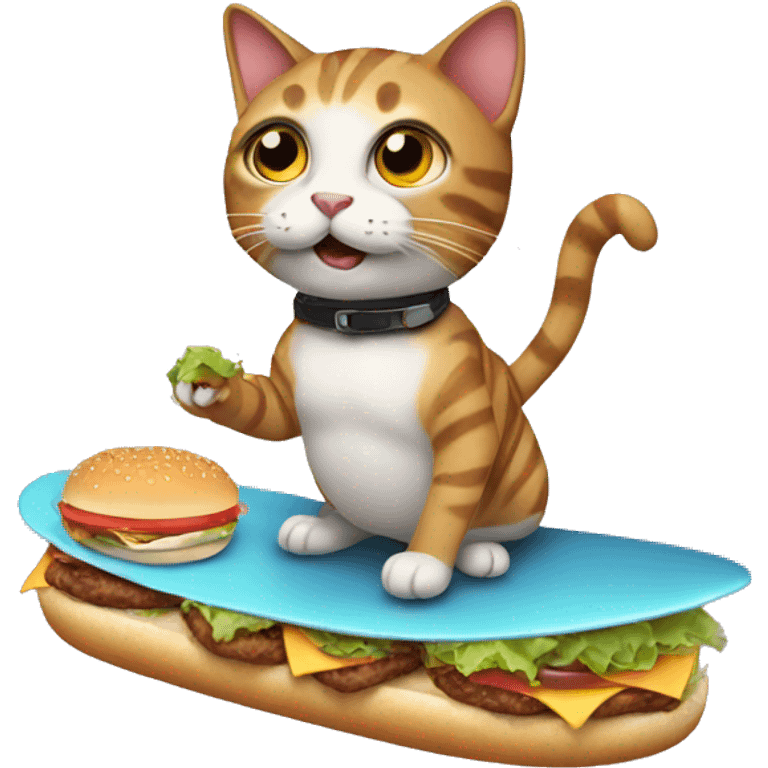 Cat holding a burger while surfing emoji