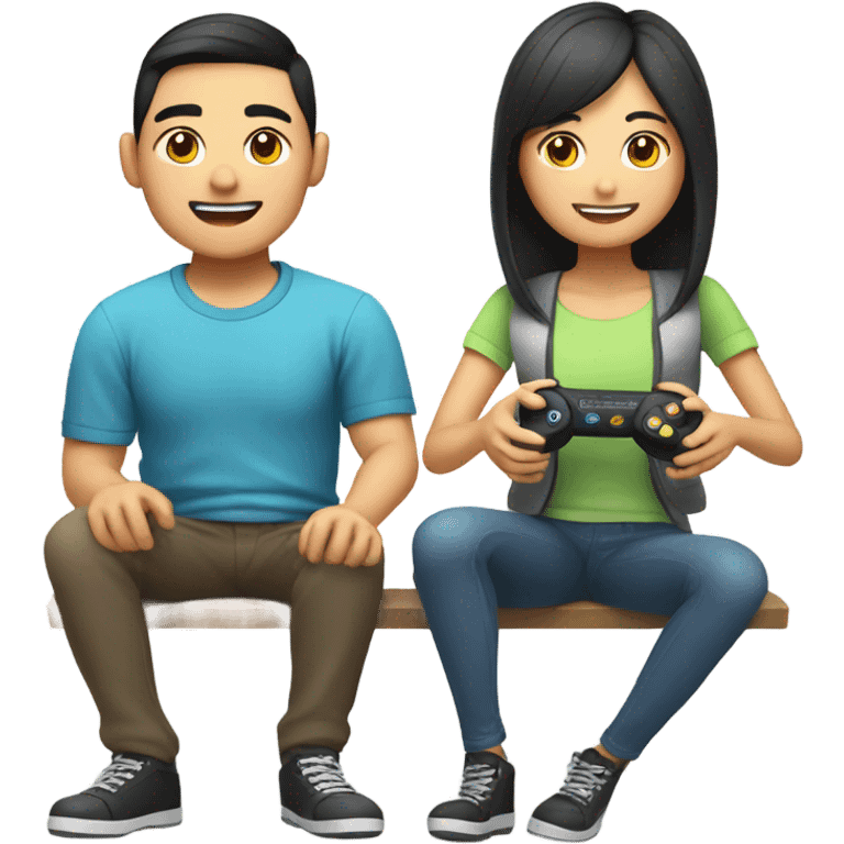 Cute Asian Couple sitting together and having fun playing video games emoji