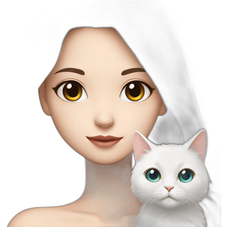 A girl with long dark hair and on her left shoulder and neck lies a white fluffy cat with eyes of different colors emoji