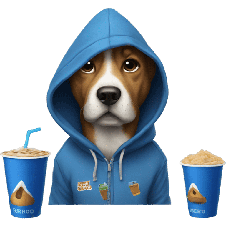 Make a dog wearing a hoodie drinking Dutch bros emoji